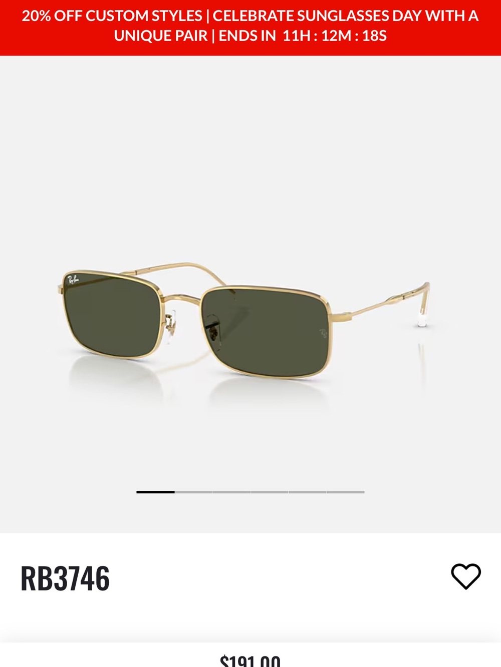 Ray-Ban RB3746 Gold Frame Sunglasses with Green Lenses rectangle shape